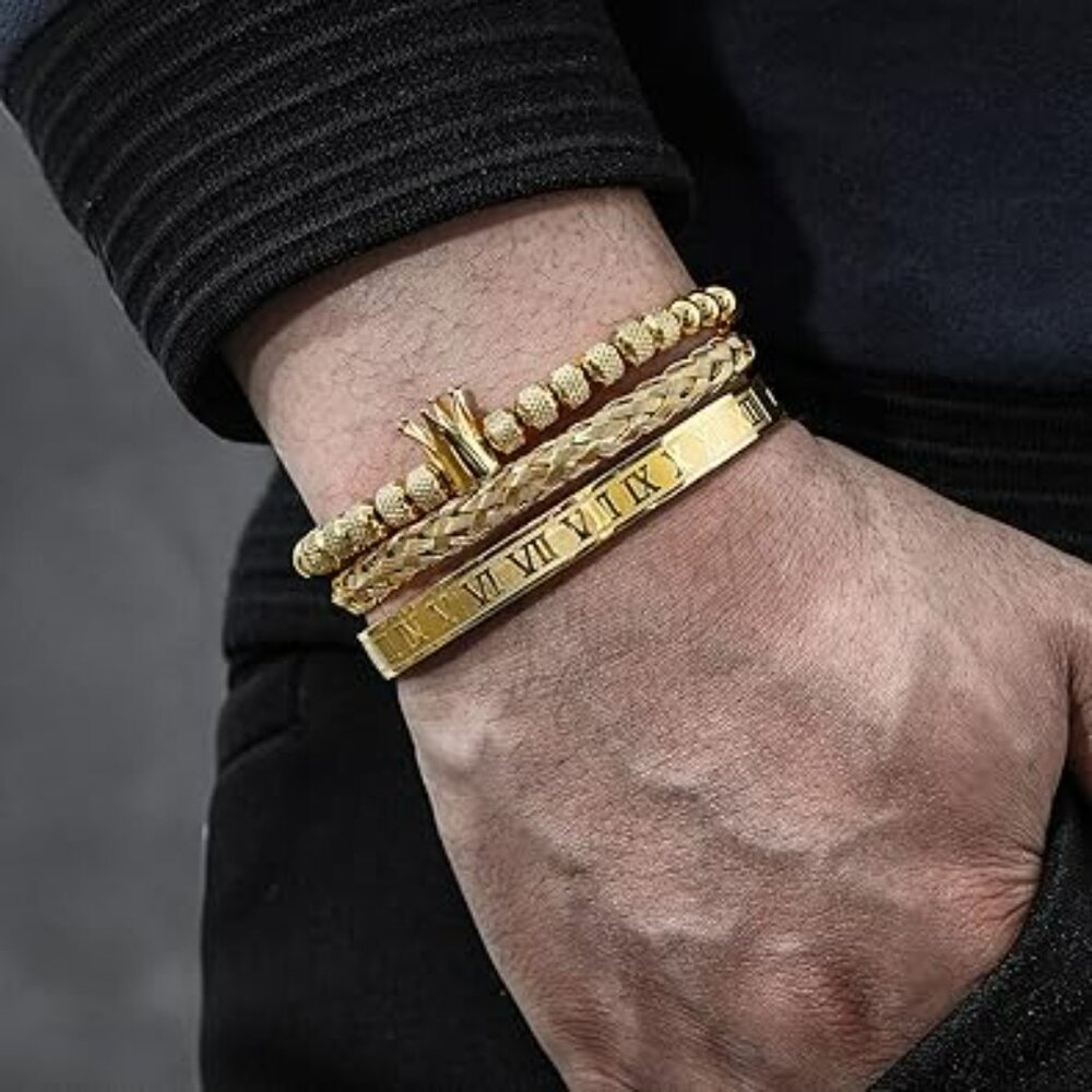 NEW Men's Gold 3 pc Stackable Luxury Jewelry Bracelet Set Imperial Crown